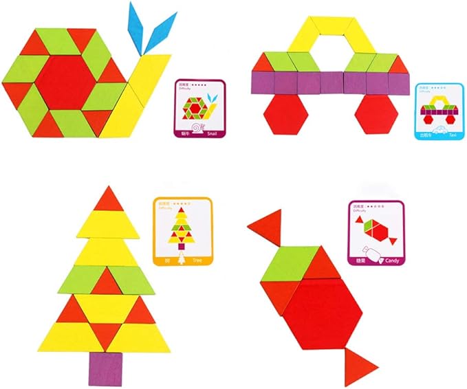 155 Pcs Wooden Pattern Blocks Set Geometric Shape Puzzle Kindergarten Classic Educational Montessori Tangram Toys for Kids Ages 4-8 with 24 Pcs Design Cards