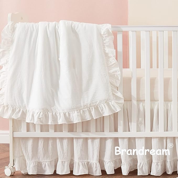 Brandream Farmhouse Crib Bedding Sets for Girls and Boys | 3 Piece Nursery Set White| Baby Comforter, Fitted Crib Sheet, Crib Skirt Included,100% Washed Cotton