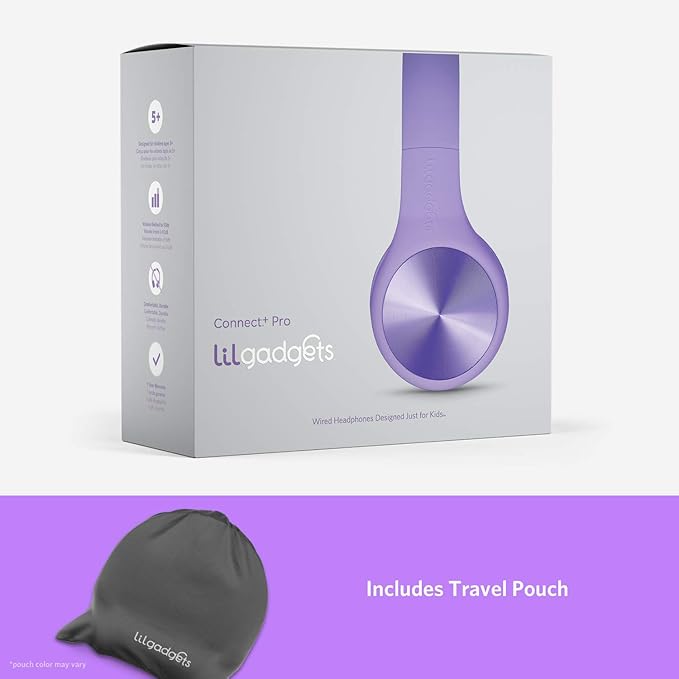 LilGadgets Connect+ Pro Wired Kids Headphones for School w/Microphone, Volume Limiting, Noise Reducing Over-Ear Headset w/Cord, SharePort Technology & SoftTouch Padding, Purple Headphones for Kids