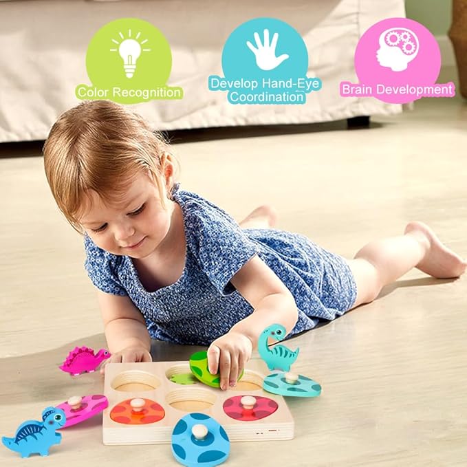 Dinosaur Wooden Toddler Puzzle 1-3, Montessori Toys for 1 2 3 Year Old, Dinosaur Eggs Peg Puzzles, Kid Wooden Puzzles Ages 2-4, Dinosaur Toy for Toddler Kid, Preschool Education Learning Toys