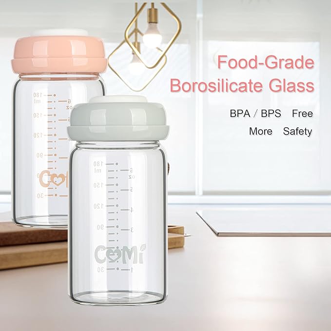 COMI Wide Neck Glass Breastmilk Collection n Storage Bottle, 6oz with Screw Ring Sealing Disk; Re-markable Sealing Disc. BPA Free, Fits Breast Pumps & Nipples (2 Pack Pink Lids)