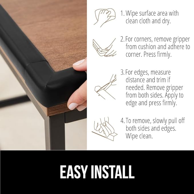 GORILLA GRIP Baby Proof Corners and Edges for Furniture, Kid Proofing Adhesive Table Corner Protectors, Heavy Duty Soft Rubber Foam Protection, Includes 8 Protective Safety Guards, 18 Feet, Black
