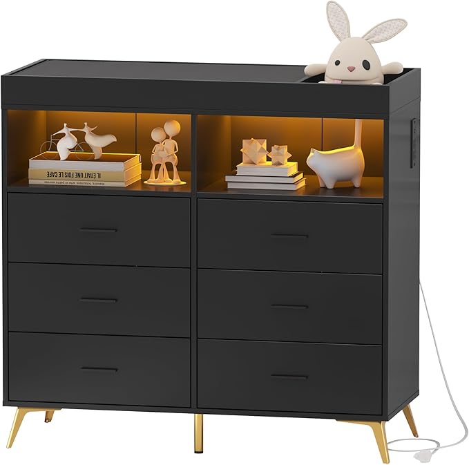 GarveeHome Dresser for Bedroom with 6 Drawers, Baby Changing Table Dresser with Changing Pad, LED Lights & Charging Station, Baby Changing Station with Changing Table Top, Black