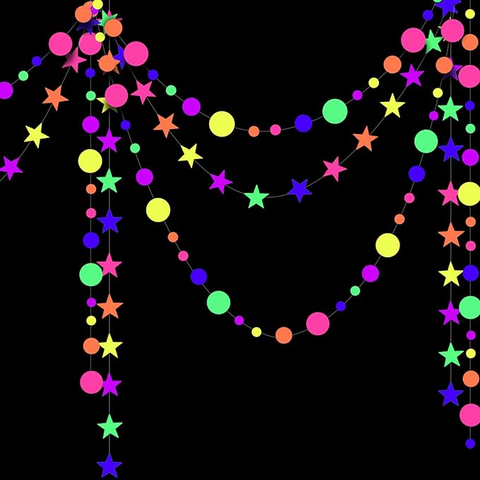 108feet UV Round Dot Star Kit Neon Paper Garland Glow in The Dark Party Favors Streamers Banner for Black Party Supplies UV Reactive Circle Dot Star Garland Wedding Birthday Glow Party Supplies…