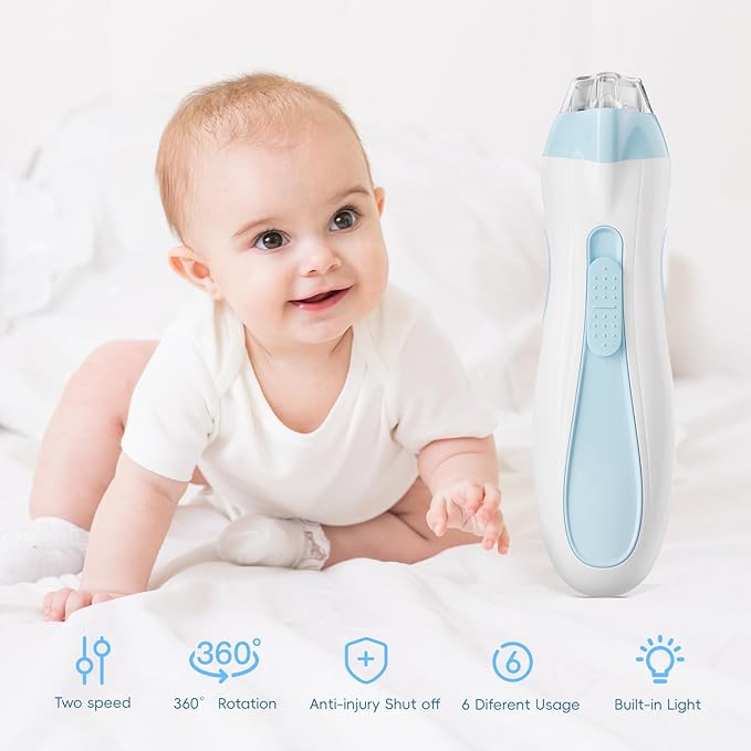 Baby Nail Trimmer Electric, 15 in 1 Baby Nail Clippers for Gentle Nail Care, Rechargeable Baby Nail File Electric with Light &15 Grinding Pads for Infant Toddler, Blue