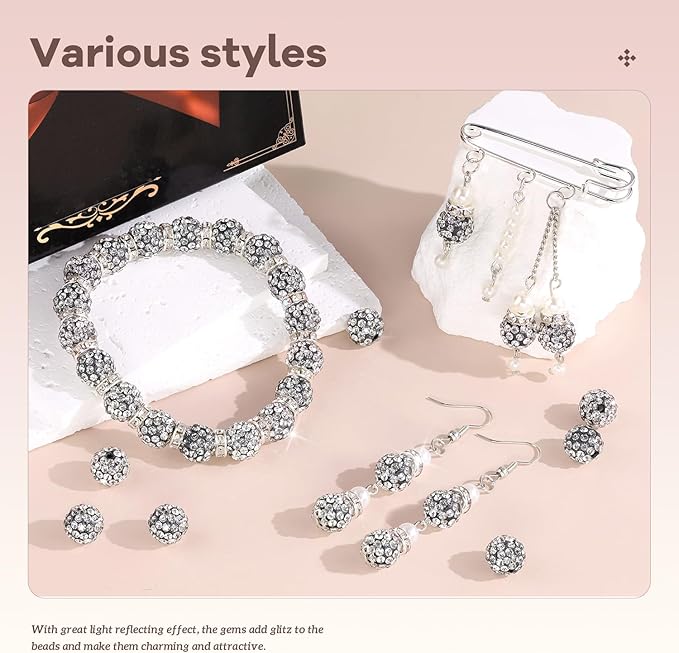 105pcs 10mm Rhinestone Beads for Jewelry Making, Black White Shiny Round Disco Ball Beads Bulk, Sparkle Crystal Clay Christmas for Bracelet Baseball Necklace Earring Crafting and DIY