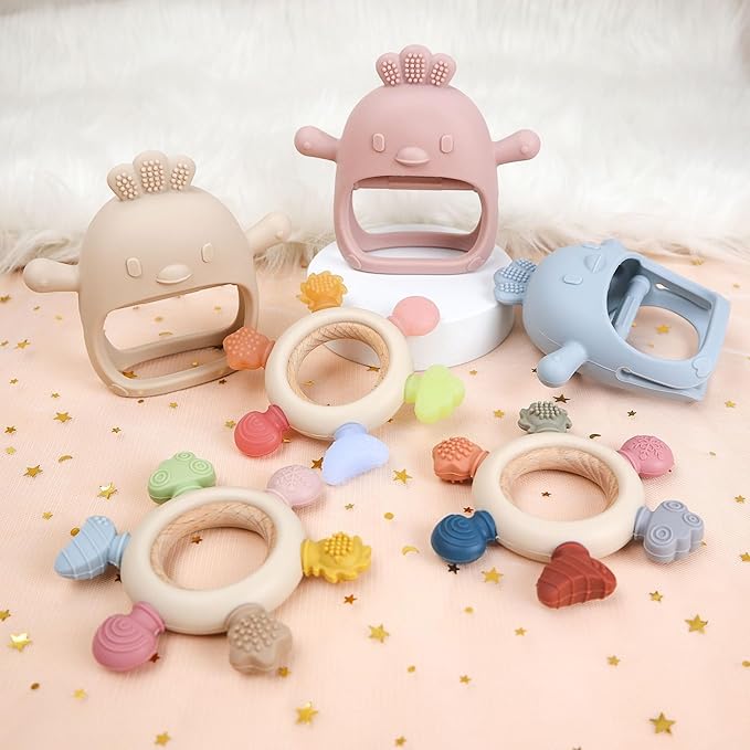 2 Pack Baby Teething Toys for 0-6 & 6-12 Months, Food Grade Silicone Teething Mitten No Drop Teether and Ring Teether, BPA Free, One-Piece, CPC Certified Baby Chew Toys for Sucking Needs