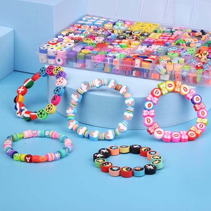 1000PCS Polymer Clay Beads Bracelet Making kit, 24 Style Cute Fun Beads Flower Animal Rainbow Eye Charms for Jewelry Necklace Earring Making DIY Accessories for Women Girls