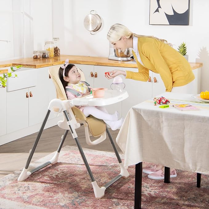 BABY JOY High Chair for Babies & Toddlers, Foldable High Chair w/Adjustable Height/Backrest/Footrest, Double Removable Tray, Book Holder & Storage Bag, Highchair for 6-36 Months Girls Boys (Beige)