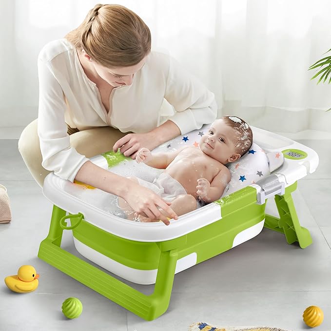 Collapsible Baby Bathtub,Baby Bath Tub with Thermometer & Soft Cushion,Baby Bathtub for Newborn to Toddler 0-36 Months,Portable Travel Baby Tub with No-Slip Feet,Baby Shower Gifts,Green