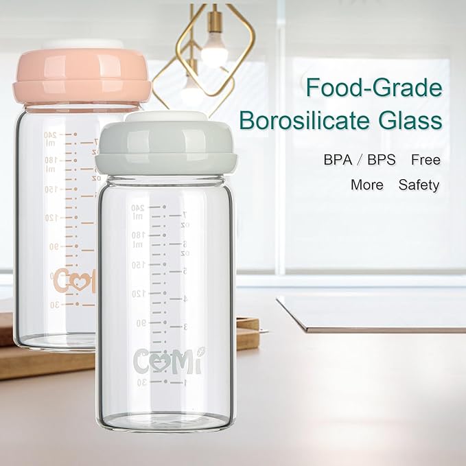 COMI Wide Neck Glass Breastmilk Collection n Storage Bottle, 4 Packs, 8oz with Screw Ring Sealing Disk; Re-markable Sealing Disc. BPA Free, Fits Breast Pumps & Nipples (2 Gray Lids + 2 Pink Lids)