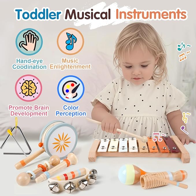 Toddler Musical Instruments-Montessori Wooden Educational Toys for Toddlers 1-3,Baby Musical Instruments,Neutral Color Musical Instruments Set with Xylophone,Maracas,Bell,Birthday Gift for Ages 1 2 3
