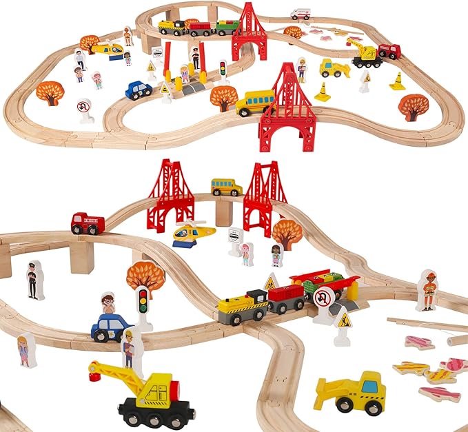 100 Pcs Wooden Train Track Set, Toys Train Railway Vehicles for 3-10 Years Old Kids Boys & Girls Christmas Toys, Fits with Thomas, Brio, IKEA, Melissa and Doug