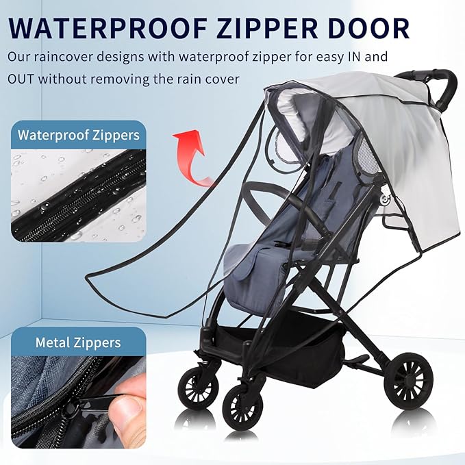 Universal Stroller Rain Cover, Clear Breathable Weather Shield with Waterproof Zipper, 4 Seasons Protection (XL)