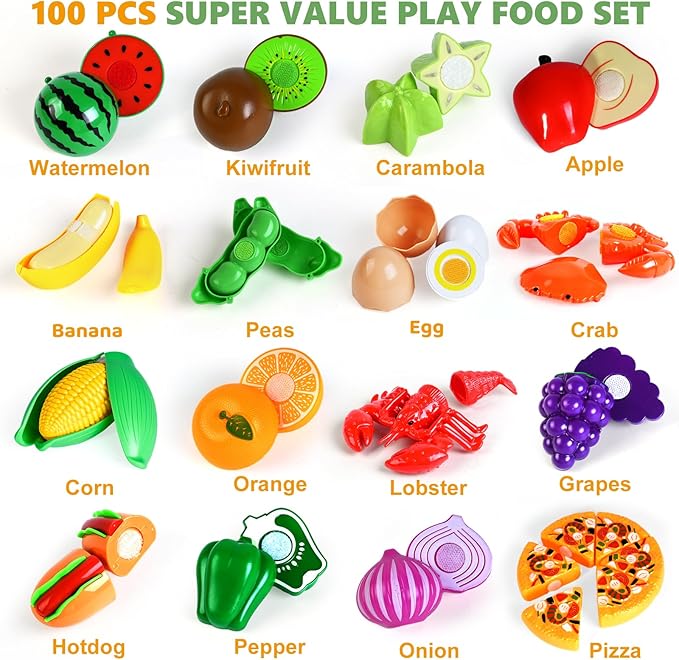 100 Pcs Play Food Set for Kids Kitchen, Pretend Food Toy for Toddlers Age 1-3, Plastics Cutting Fake Food/ Fruit/ Vegetable Accessories with 2 Baskets, Birthday Gifts for 2 3 4 5 Years Old Boys Girls