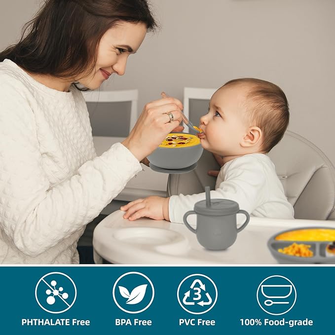 100% Silicone baby feeding set,BPA free Baby dishes set with Suction Bowl Divided Plate,Toddler Self Feeding Dish Set with Spoons Forks Sippy Cup And Bib, Baby Eating Utensils (Light Brown)