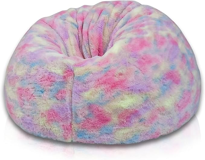 , New Tie Dye Rainbow Design Furry Bean Bag Chair. Premium And Luxurious Fur Bean Bag Without Bean Only Cover Jumbo, Multi