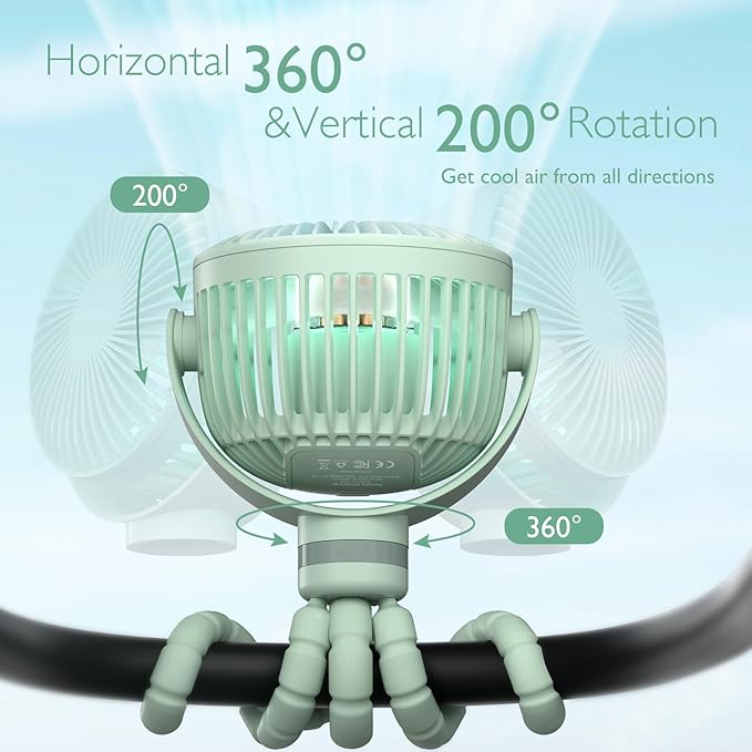 Momcozy Portable Stroller Fan, 8000mAh, 27H Ultra-long Battery Life, Detachable 4 Speed 360°Rotate, LED Night Light with 2 Modes, USB Rechargeable Handheld Cooling Fan for Travel, Car Seat, Bedroom