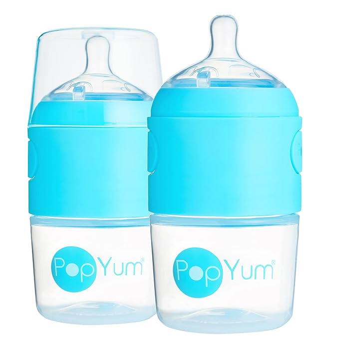 PopYum 5 oz Blue Anti-Colic Formula Making/Mixing/Dispenser Baby Bottles, 2-Pack with #1 Slow Flow Nipples, 150 ml, BPA-Free, Natural Latch