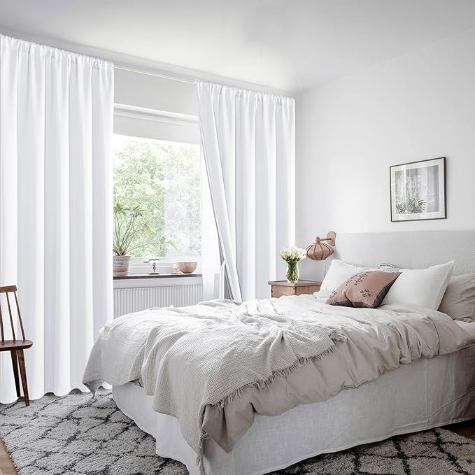 XWZO 100% Blackout Curtains with Tiebacks- 2 Thick Layers Completely Shaded Window Treatment Thermal Insulated Lined Rod Pocket Drapes for Bedroom/Laundry Room, White, W52 x L45, Set of 2 Panels