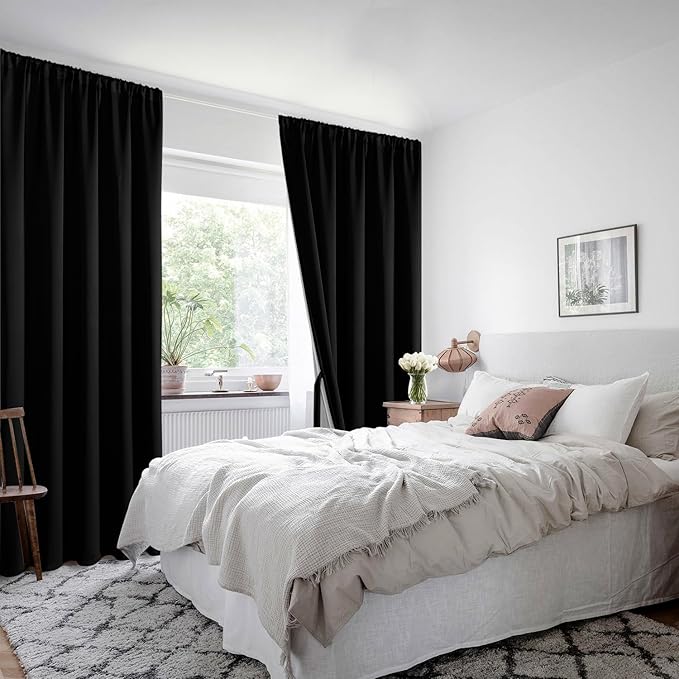 XWZO 100% Blackout Curtains - Extra Long Rod Pocket Thermal Insulated Black Liner Curtains, Noise Reducing and Heat Blocking Drapes for Bedroom with Tiebacks, Black, W52 x L108, Set of 2