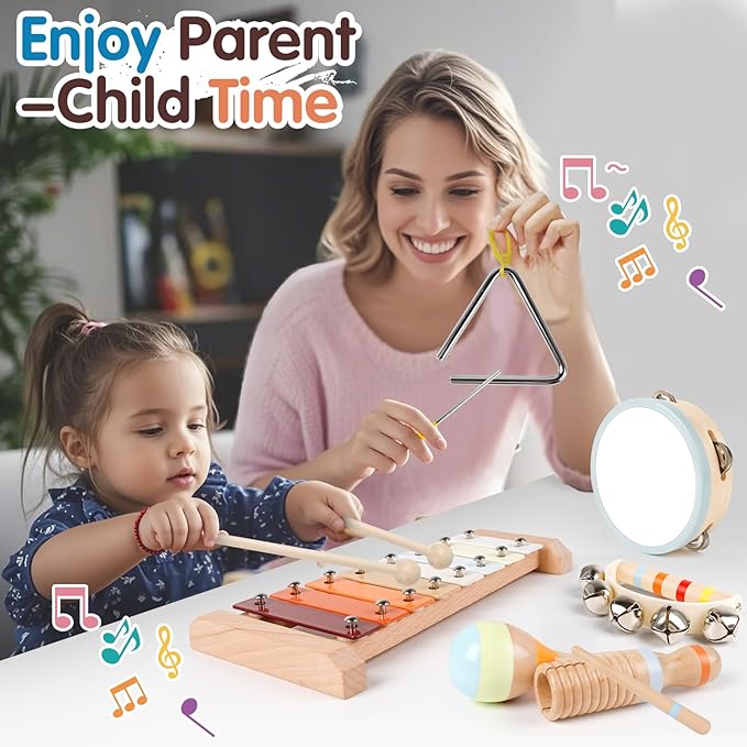Toddler Musical Instruments-Montessori Wooden Educational Toys for Toddlers 1-3,Baby Musical Instruments,Neutral Color Musical Instruments Set with Xylophone,Maracas,Bell,Birthday Gift for Ages 1 2 3