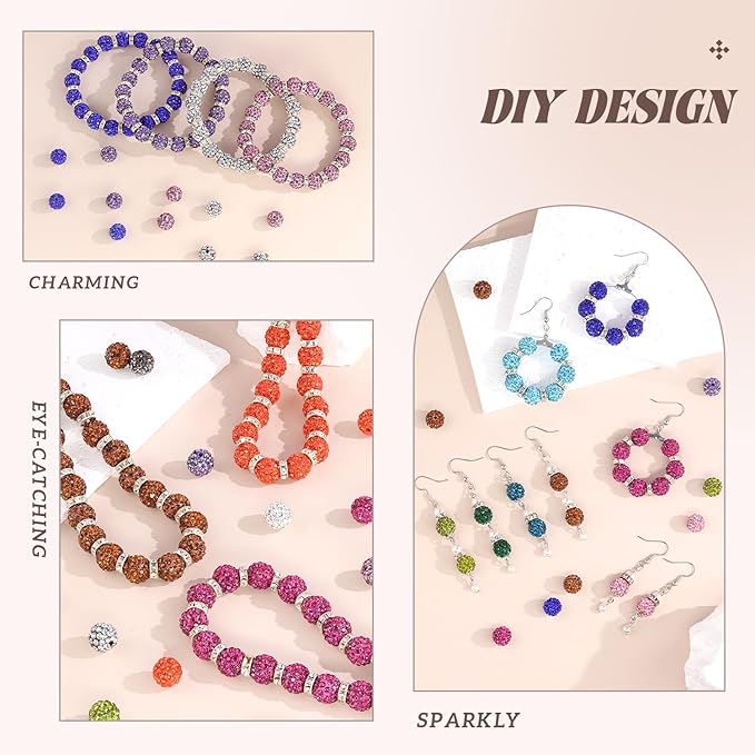 160pcs 10mm Rhinestone Beads for Jewelry Making, Light Peach Shiny Round Disco Ball Beads Bulk, Sparkle Crystal Clay Christmas for Bracelet Baseball Necklace Earring Crafting and DIY