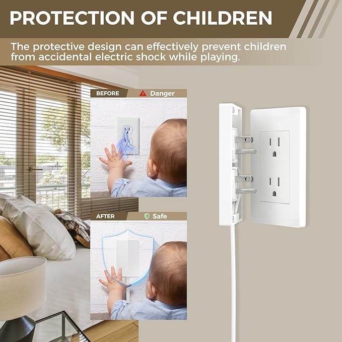 Outlet Concealer Power Strip-Outlet Cover Extender with 3AC Outlets-8ft Flat Plug Extension Cord,Universal Size,1625W for Kitchen, Home and Office,Child & Pet Safe(Dual 8 Foot)