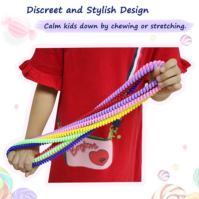 Sensory Chew Necklace for Boys and Girls, 6 Pack Stretch Chewing Necklaces for Kids with Autism ADHD SPD, Oral Motor Aids Baby Chew Toys Reduce Fidgeting for Kids Chewer (6)
