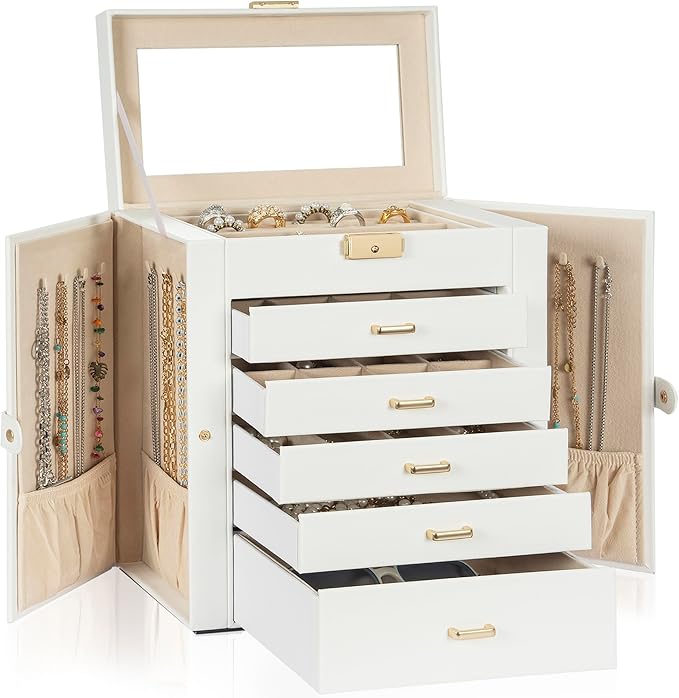 AKOZLIN Large 6-Tier Jewelry Box Lockable Leather Jewelry Storage Case with 5 Drawers for Women Girls Ring Necklace Earring Bracelet Holder Organizer with Mirror