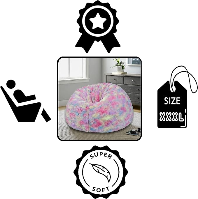 , New Tie Dye Rainbow Design Furry Bean Bag Chair. Premium And Luxurious Fur Bean Bag Without Bean Only Cover Jumbo, Multi