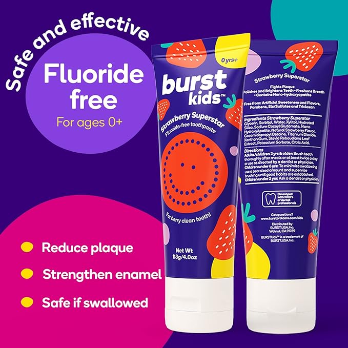 BURST Fluoride Free Strawberry Kids Toothpaste (4oz/2 Pack) | Great Tasting, Dye Free for Baby & Toddler Age 0+ | with Nano Hydroxyapatite