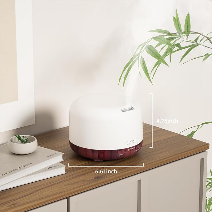ASAKUKI Essential Oil Diffuser for Home, 500ml Aromatherapy Fragrant Oil Humidifier Vaporizer, 7-Color Light and Auto-Off Safety Switch Reddish-Brown