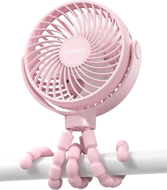 Stroller Fan Clip on for Baby, 4000mAh Rechargeable Battery Operated, Flexible Tripod, 3 Wind Speed, 360° Rotatable, Small Portable Fan for Car Seat Crib Backseat Beach Travel Camping, Pink