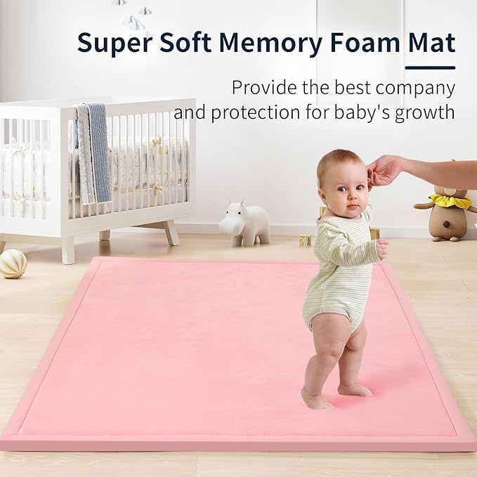 ACOMOPACK Baby Play Mat for Floor 1.3" Thick Memory Foam Play Mat 59"×71" Tummy Time Crawling with Non-Slip Bottom for Living Room,Nursery,Soft Velvet Playpen Mats for Kids,Infants(Pink)