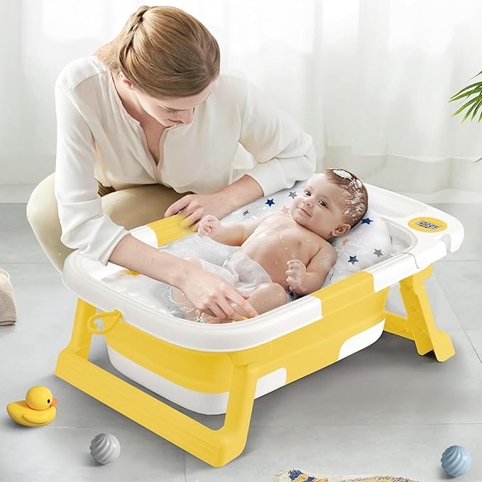 Collapsible Baby Bathtub,Baby Bath Tub with Thermometer & Soft Cushion,Baby Bathtub for Newborn to Toddler 0-36 Months,Portable Travel Baby Tub with No-Slip Feet,Baby Shower Gifts,Yellow