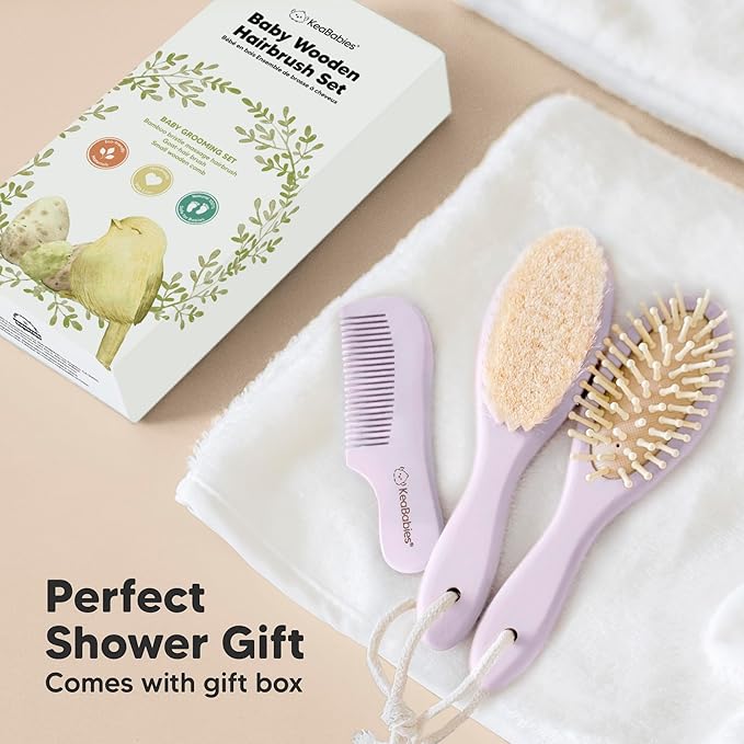 Baby Hair Brush and Comb Set for Newborn - Wooden Baby Hair Brush Set with Soft Goat Bristle, Baby Brush Set for Newborns, Baby Brush and Comb Set Girl, Boy, Toddler Cradle Cap Brush (Oval, Thistle)