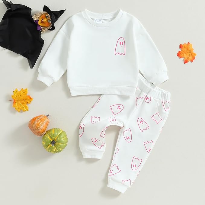 0-4T Toddler Boy Girl Halloween Outfit Fall Clothes Ghost Long Sleeve Sweatshirt Top Pants Baby Halloween Clothes