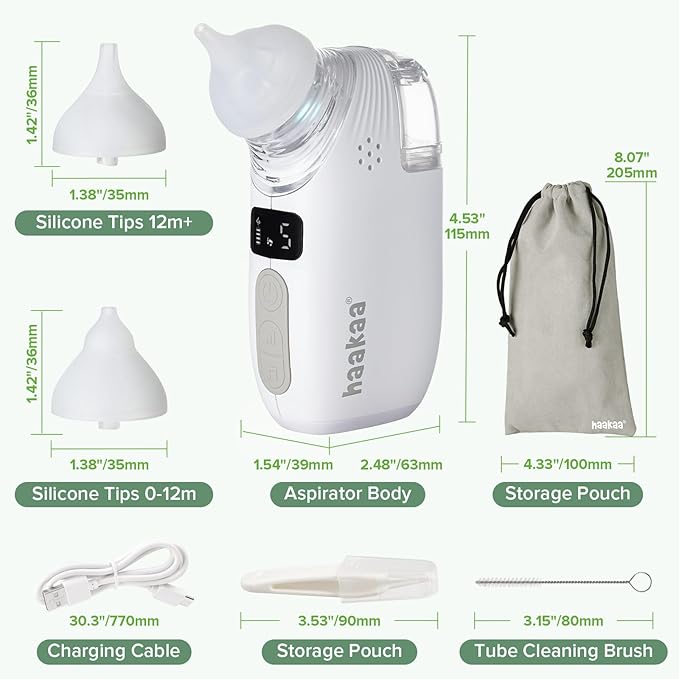 Haakaa Nasal Aspirator for Baby, 2-in-1 Electric Baby Nasal Aspirator with Sprayer β Baby Nose Sucker, Nose Sucker for Baby β 5 Adjustable Suction Levels up to 65kPa, Quiet, Music & Lights