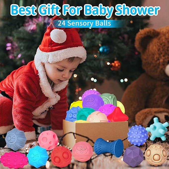 24 Pcs Sensory Balls for Toddlers, Sensory Baby Toys, Montessori Toy for Babies Squeeze, Infant Toys Soft Multi Ball Set Gifts with Bright Color Textured