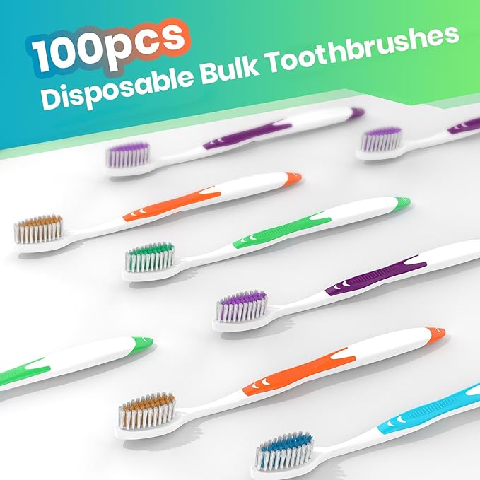 100 Bulk Toothbrushes Pack with Covers, Individually Wrapped Toothbrushes for Adults & Kids, Disposable Toothbrush for Travel, Donations, Hotels, Medium Soft Toothbrushes with Hygienic Cap