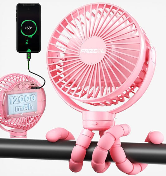 FRIZCOL 12000mAh Portable Stroller Fan, Use As Power Bank, 65H Battery Operated Fan Flexible Tripod Clip On Fans, Detachable Personal Handheld Baby Fans for Stroller, Car seat, Desk, Treadmill(Pink)
