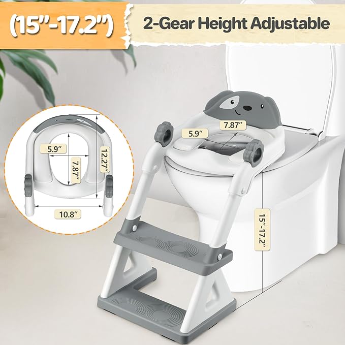 2 In 1 Potty Training Toilet Seat & Toddler Step Stool, Bottom Triangle Stability Toddler Toilet Seat, Adjustable Step & Seat Height Potty Seats (Grey)