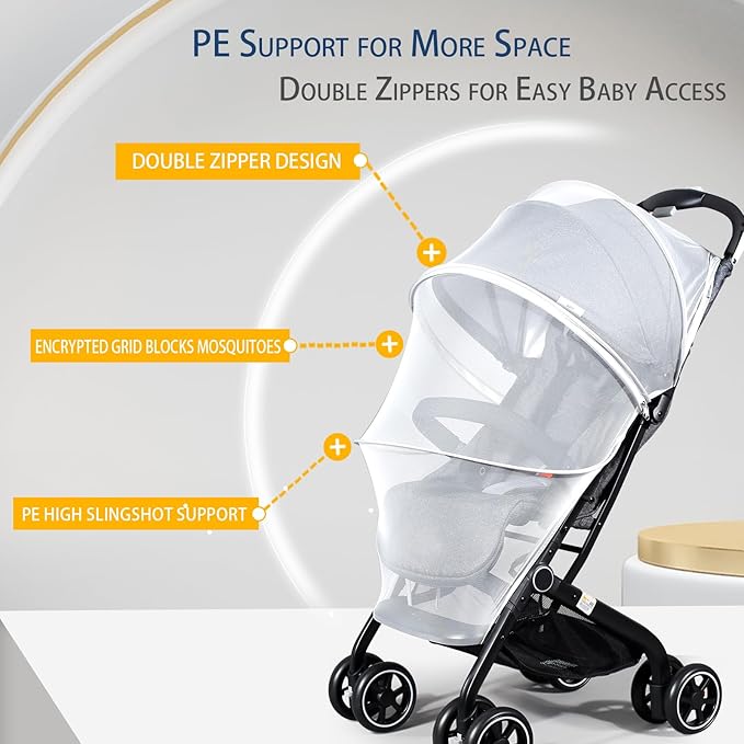 Mosquito Net for Stroller, Universal 3D Baby Bug Net with Two-Way Zippers & Storage Bag, Breathable & Foldable Netting for Stroller,Cradle(White)