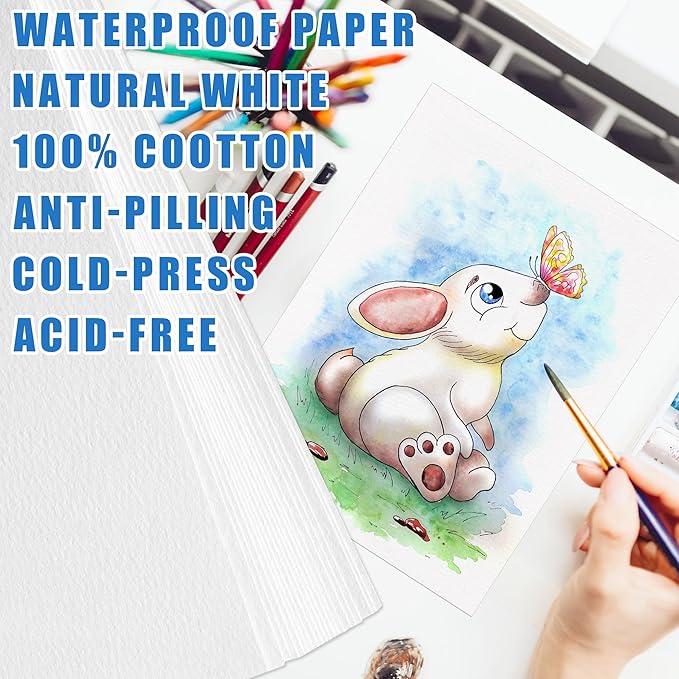 100 Sheets Cotton Watercolor Paper Bulk, 9" x 12" 140 lb/300 GSM Cold Press Water Color Paper White Paint Paper Suitable for Kids Adult Watercolor Drawing