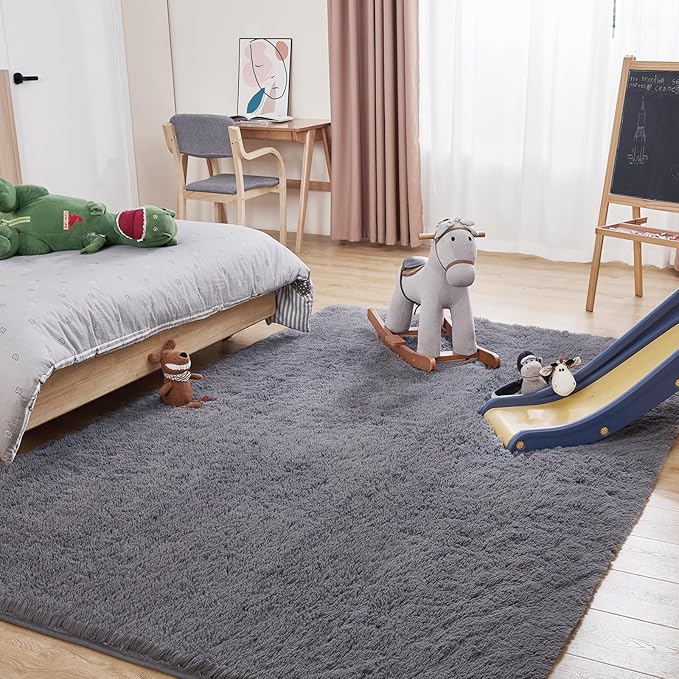 9x12 Grey Fluffy Plush Area Rug, Ultra Soft Bedroom Rug Indoor Carpet, Anti-Skid High Pile Luxury Rugs for Nursery, Kids Room, Playroom, Home Decoration