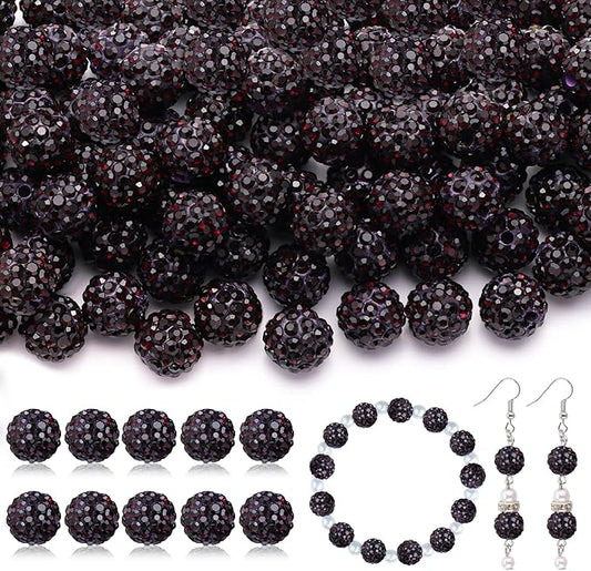 105pcs 10mm Rhinestone Beads for Jewelry Making, Dark Purple Shiny Round Disco Ball Beads Bulk, Sparkle Crystal Clay Christmas for Bracelet Baseball Necklace Earring Crafting and DIY