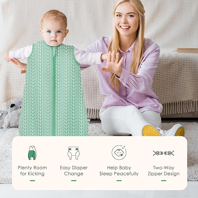 SWEET DOLPHIN Baby Sleep Sack 18-24 Months - 100% Cotton 2-Way Zipper TOG 0.5 Infant Wearable Blanket, Newborn Essentials Toddler 3 Pack Sleeping Sacks - Green