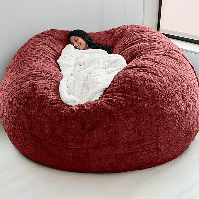 (Cover only, No Filler) Giant Fur Bean Bag Chair Cover(Cover only, No Filler) for Kids Adults, Living Room Furniture Big Round Soft Fluffy Faux Fur Beanbag Lazy Sofa Bed Cover (Wine Red, 7FT)