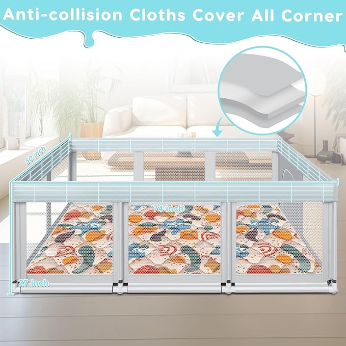 74" ร50" Large Baby Playpen, Baby Playard for Babies and Toddlers, Play Pens for Indoor & Outdoor, Sturdy Safety Play Yard with Soft Breathable Mesh, Anti-Fall, Grey (with MAT)